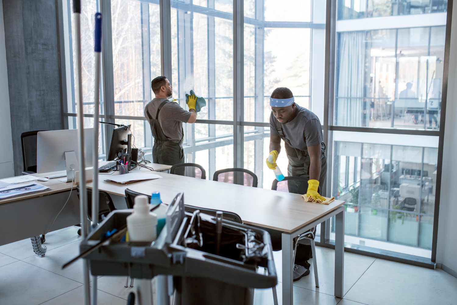 Commercial cleaning crew working in a corporate office