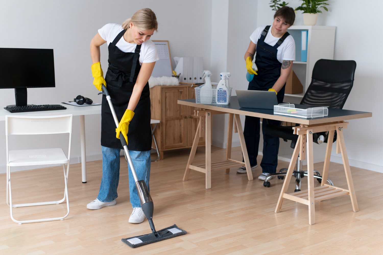 Office cleaning team mopping and sanitizing