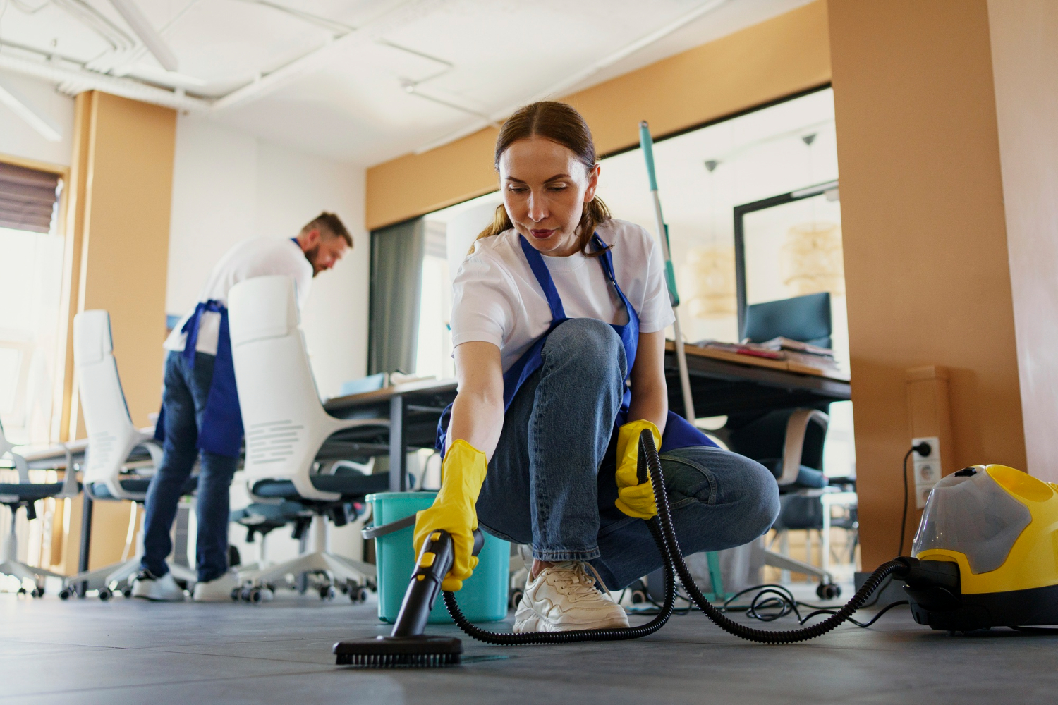 Deep floor cleaning with steam equipment